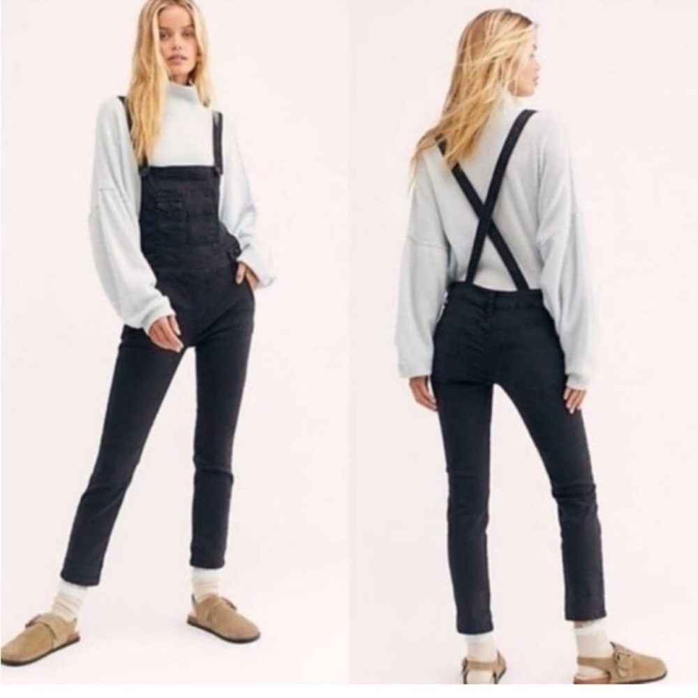 Free People Bib Overalls Skinny Ankle Washed Denim Black Eclipse Boho-30